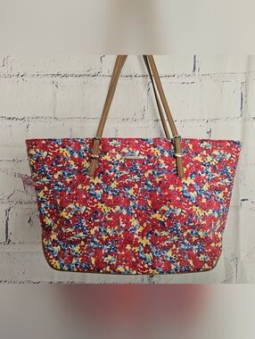 Nine West It Girl Multicolor Floral Print Tote Bag with Tan Straps Large Zip Top